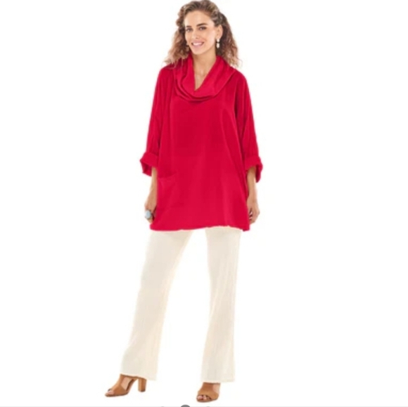 Oh My Gauze! Tortus Long Sleeve Cowl Neck Lagenlook Tunic Top Red One Size - Picture 2 of 12